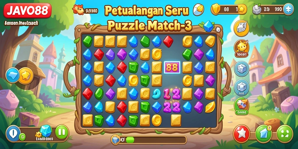 Tangkapan layar utama JAVO88 dengan gameplay Match-3 yang seru.