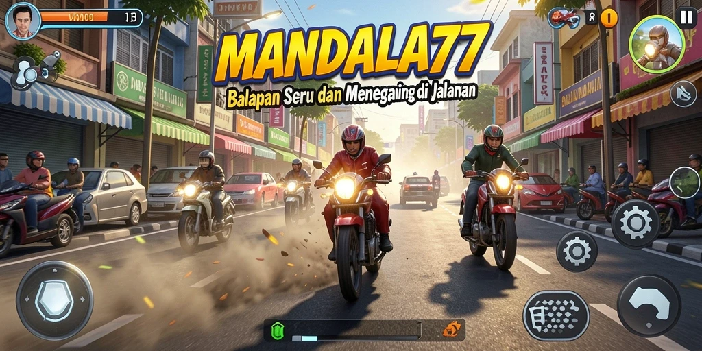 Gameplay MANDALA77 dengan mobil balap di lintasan yang menantang.