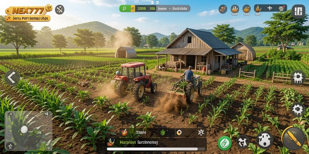 Screenshot gameplay NEX777 menampilkan ladang subur dan proses bertani.
