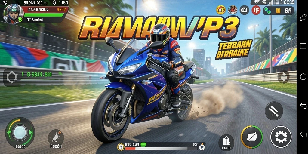 Screenshot gameplay RPVIP3 menampilkan aksi balapan motor yang mendebarkan.