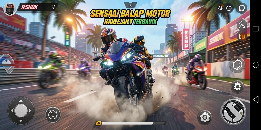 Tampilan gameplay RSNOK dengan balapan motor yang seru.